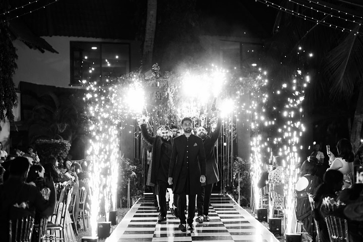 Walkway pyrotechnics at a wedding entrance