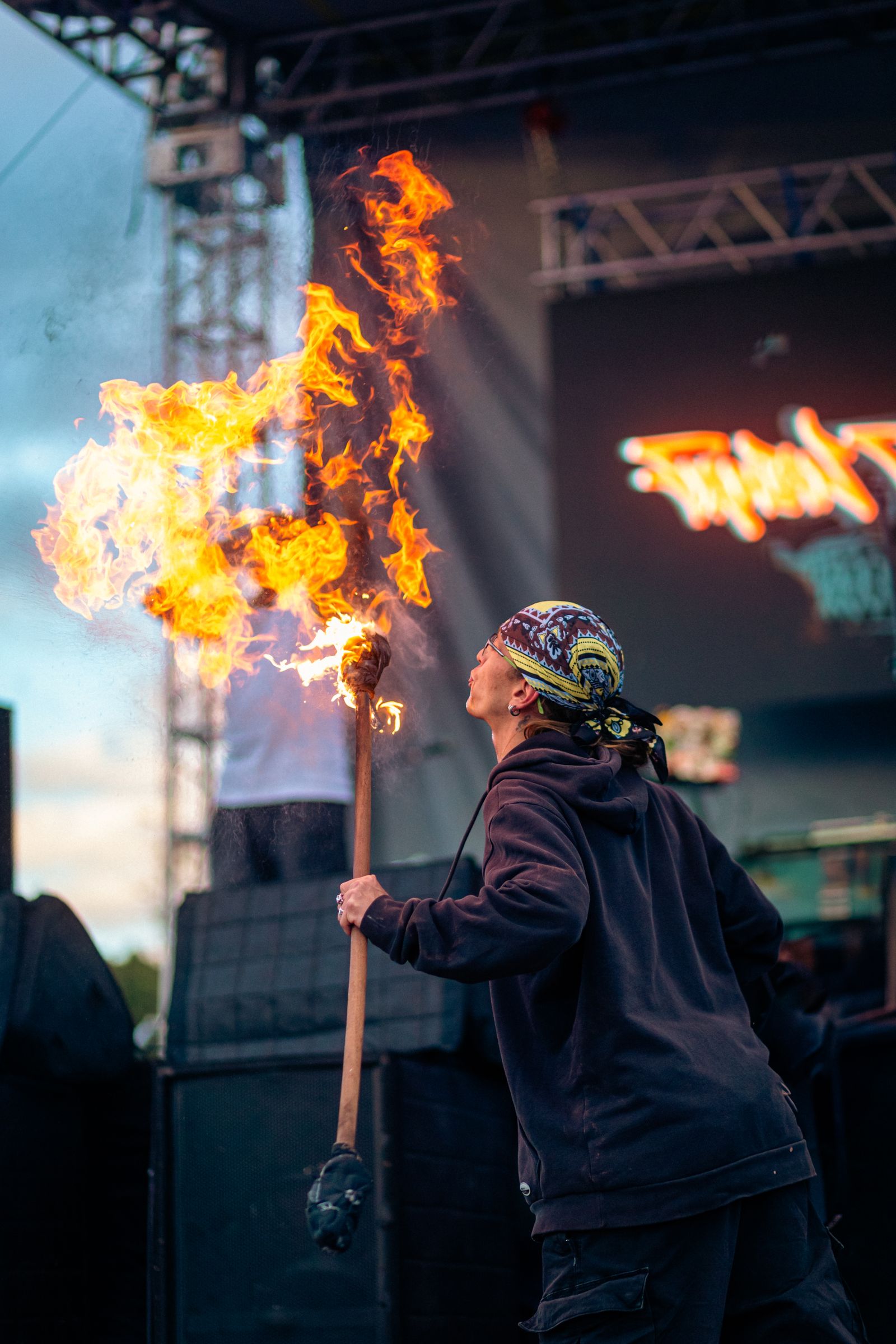 Flame effects and pyro on a festival stage