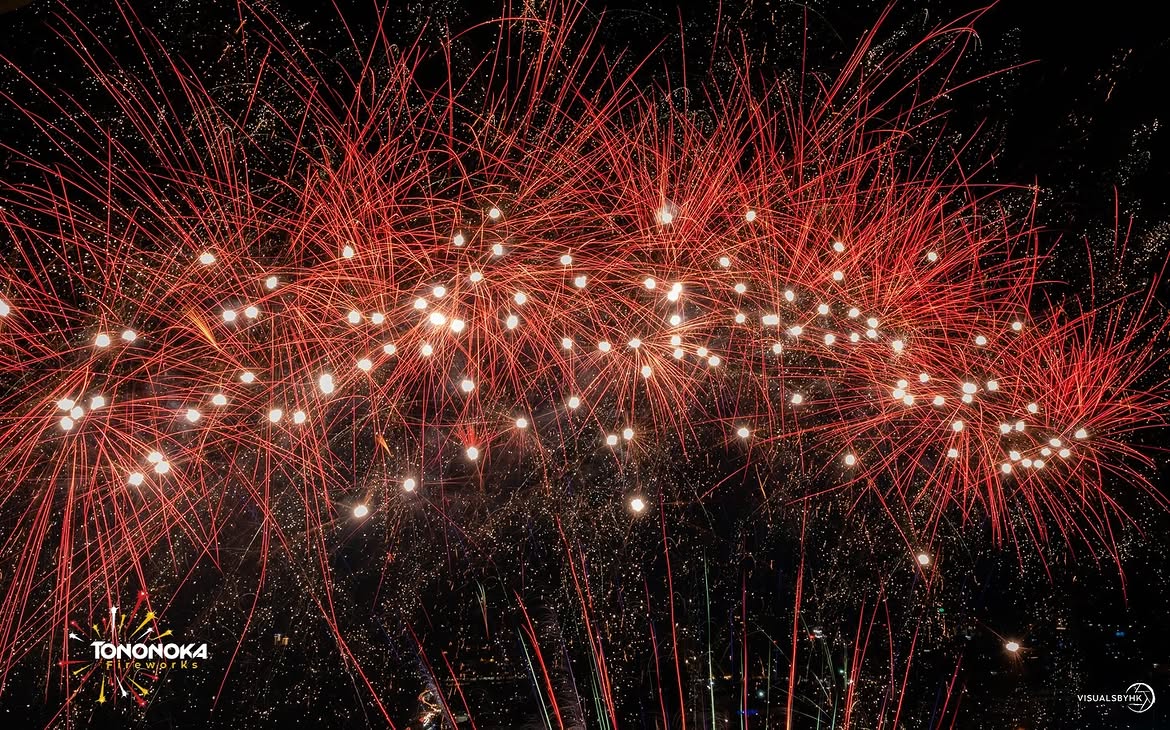 Aerial fireworks display bursting over a night crowd in Tanzania