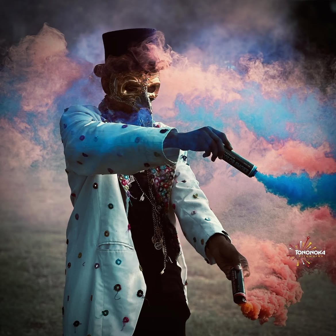 Dense coloured smoke plume matched to a brand palette